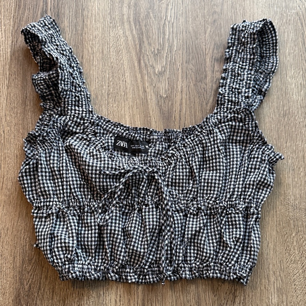 Zara Black & White Gingham Smocked Crop Top with Ruffle Straps